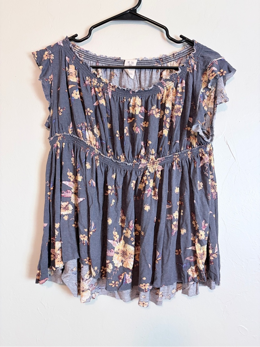 We The Free Floral Peasant Tunic in Slate Blue with Yellow Accents